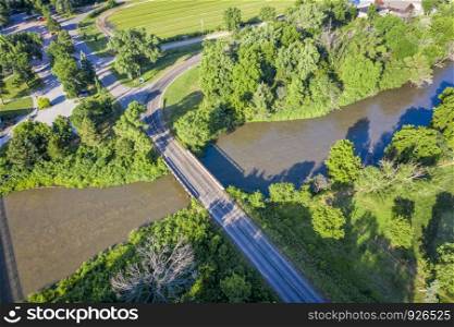 bridge over the Middle Loupe River at Halsey, Nebraska National Forest - aerial view