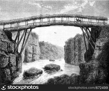 Bridge over the River Otun, vintage engraved illustration. Le Tour du Monde, Travel Journal, (1872).