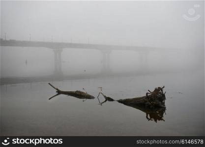 Bridge through Dnepr river in misty morning with a big log