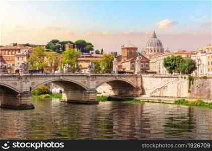 Bridge Vittorio Emanuele II, the Tiber River and St Peter&rsquo;s Cathedral, Rome, Italy.