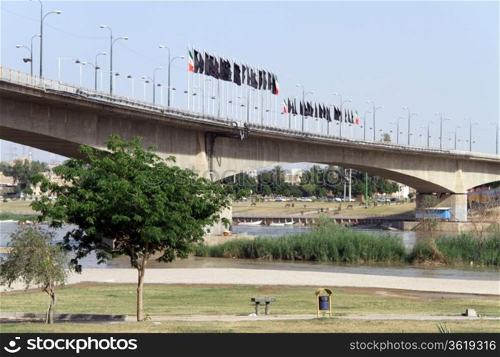 Bridge with flags in Ahvaz, Iran