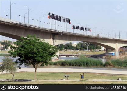 Bridge with flags in Ahvaz, Iran