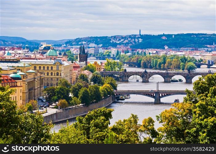 Bridges of Prague. aerial view of the old bridges of Prague