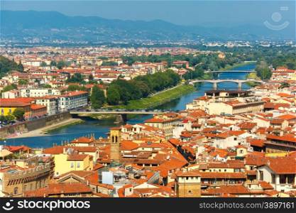 Bridges over the river Arno Ponte A. Vespucci and Ponte alla Vittoria at morning from Palazzo Vecchio in Florence, Tuscany, Italy