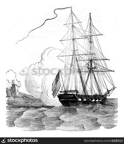 Brig schooner embossed, vintage engraved illustration. Magasin Pittoresque 1841.