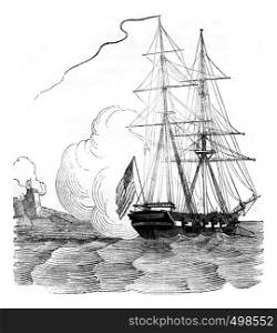 Brig schooner embossed, vintage engraved illustration. Magasin Pittoresque 1841.