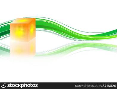 Bright 3d cube and waves on a white background
