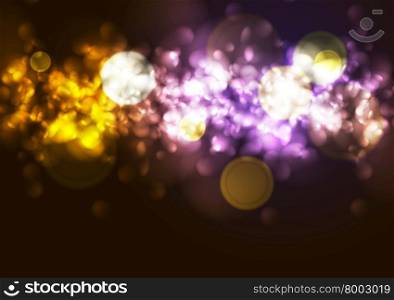 Bright abstract lights bokeh background. Purple and orange background with colorful lights and bokeh effects