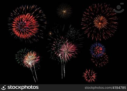 Bright and colorful fireworks against a black night sky