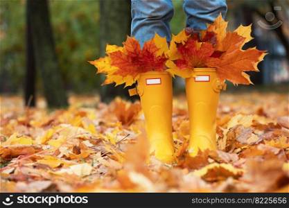 bright autumn. girl in yellow rubber boots walking with a bouquet of maple leaves 