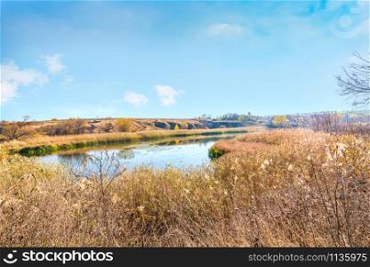 Bright autumn landscape on river in countryside. Autumn on river