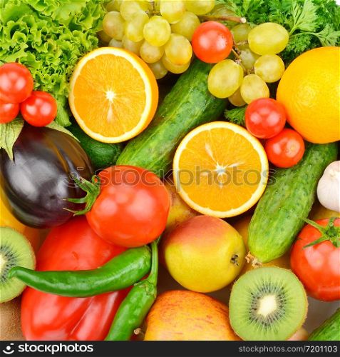 Bright background from the collection of fruits and vegetables.