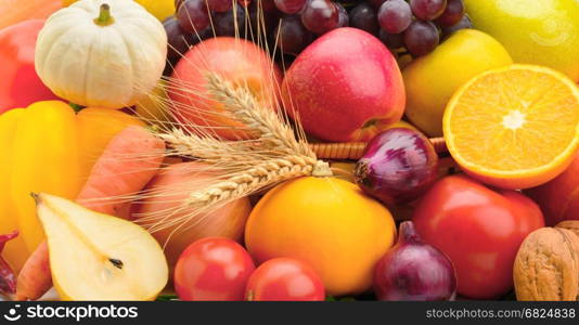 Bright background of a set of fruits and vegetables