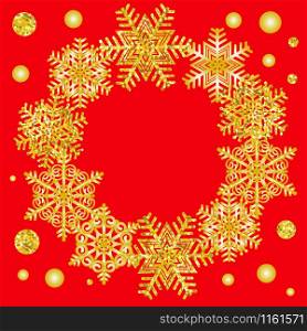 Bright background with gold snowflakes. Red winter banner. Illustration.. Background with gold snowflakes. Illustration.