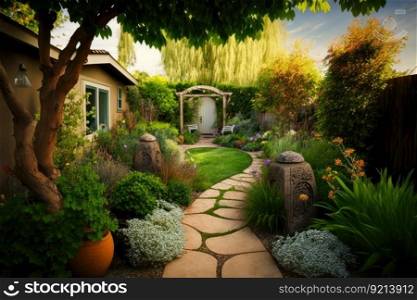 bright backyard with green plants and walkway around house cozy backyard, created with generative ai. bright backyard with green plants and walkway around house cozy backyard