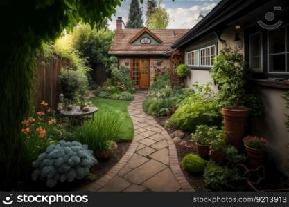 bright backyard with green plants and walkway around house cozy backyard, created with generative ai. bright backyard with green plants and walkway around house cozy backyard