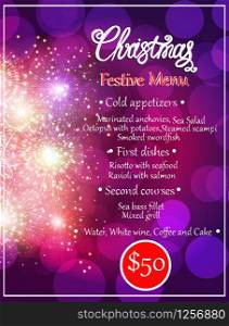 Bright banner Merry Christmas. Blank with approximate christmas menu. Festive template with fireworks. Vector Illustration.. Bright banner Merry Christmas. Blank with approximate christmas menu, Festive template with fireworks. Vector.