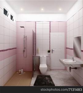 Bright bathroom Design tiles pink modern style. 3D rendering