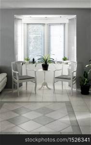 Bright bay window interior with classic chairs and table on tiled floor . Bright bay window