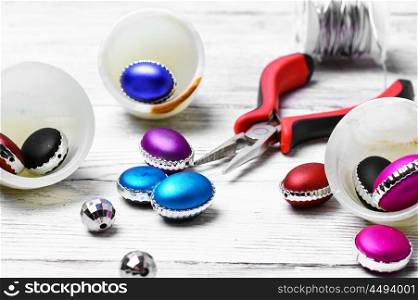 Bright beads on light background. Women fashion accessories necklace on light background