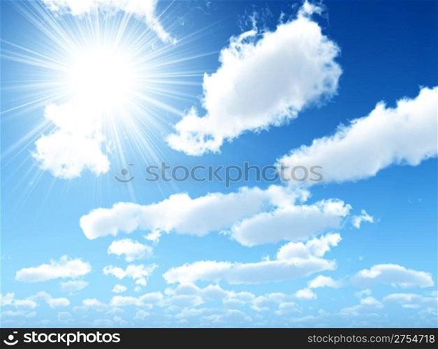 Bright beams of the sun in the blue sky with fluffy clouds