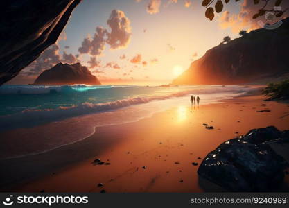 Bright beautiful sunrise or sunset at sea. Neural network AI generated art. Bright beautiful sunrise or sunset at sea. Neural network AI generated
