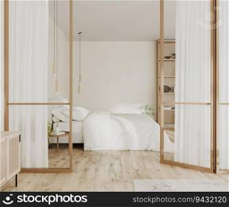 Bright bedroom interior with glass and wooden partition doors, 3d render