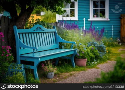 bright blue bench with plants in garden of country house cozy backyard, created with generative ai. bright blue bench with plants in garden of country house cozy backyard