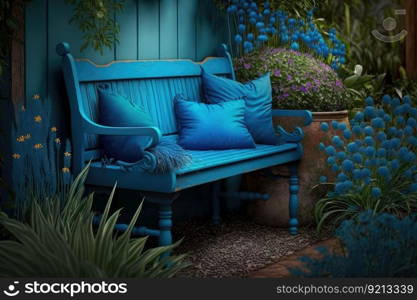 bright blue bench with plants in garden of country house cozy backyard, created with generative ai. bright blue bench with plants in garden of country house cozy backyard