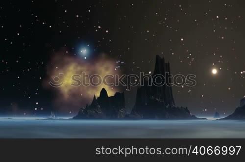 Bright blue glowing objects (UFO) fly in the dark background of the starry sky and a large nebula. Beneath dark high rock in the middle of the desert, covered with blue mist. Bright distant sun illuminates the alien landscape.