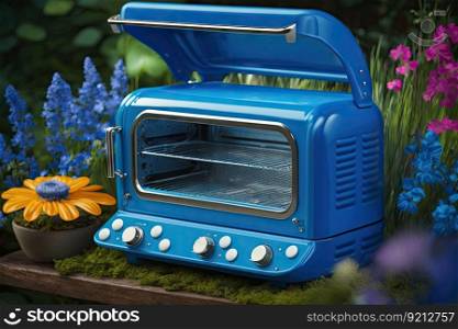 bright blue grill for cooking food in backyard grill on background of flowers, created with generative ai. bright blue grill for cooking food in backyard grill on background of flowers