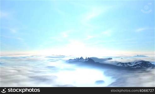 Bright blue sky. Camera flies above the clouds and mountains. Above the horizon of mist rises dazzling sun. The mountain slopes are covered with snow. Between the hills visible riverbeds. View from above.