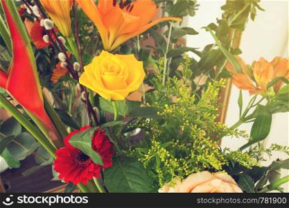 Bright bouquet of different flowers, colorful spring theme close-up. Bright bouquet of different flowers, colorful spring theme