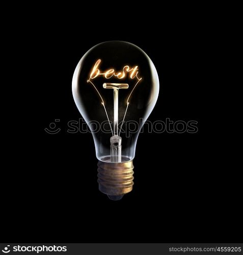 Bright business idea. Glowing glass light bulb with concept inside on dark background