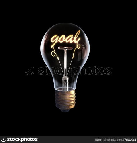 Bright business idea. Glowing glass light bulb with concept inside on dark background