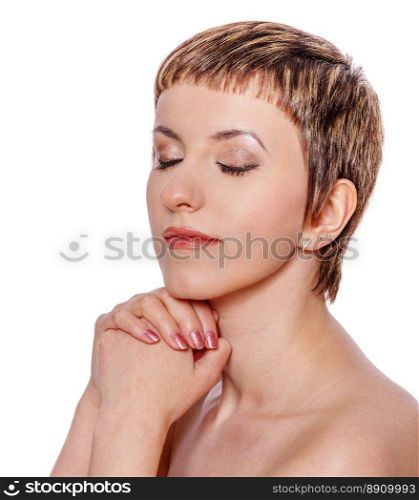 bright close up portrait picture of praying woman with closed eyes isolated on white. praying woman isolated