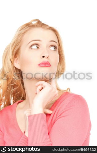 bright closeup picture of beautiful pensive woman