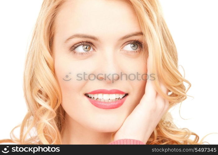 bright closeup picture of beautiful pensive woman