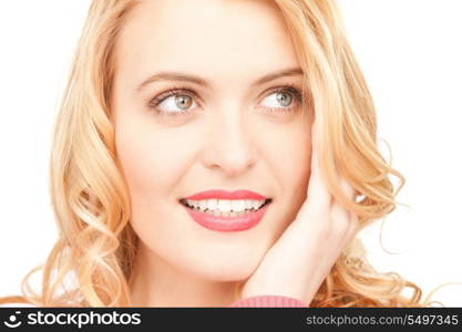 bright closeup picture of beautiful pensive woman