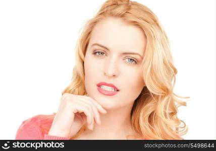 bright closeup picture of beautiful pensive woman
