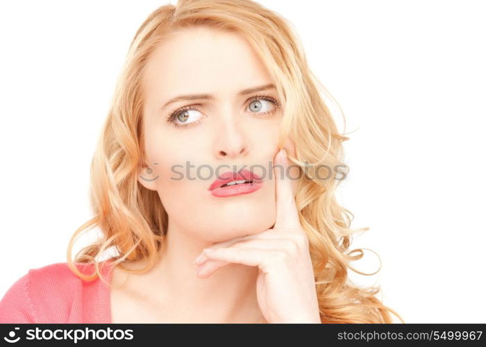 bright closeup picture of beautiful pensive woman