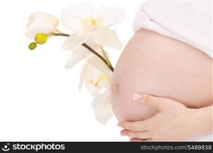 bright closeup picture of beautiful pregnant woman belly