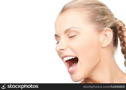 bright closeup picture of unhappy screaming woman