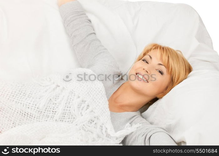 bright closeup picture of woman in bed&#xA;