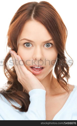 bright closeup picture of woman with hand over mouth