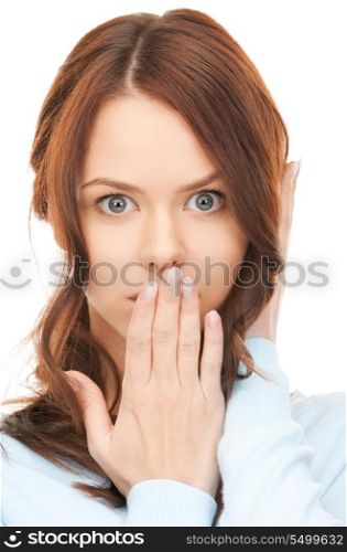 bright closeup picture of woman with hand over mouth