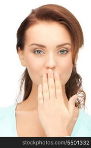 bright closeup picture of woman with hand over mouth