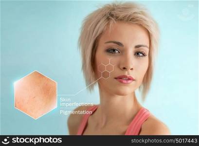 Bright closeup portrait of beautiful woman with skin crops. Skincare concept
