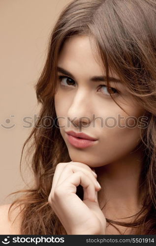 bright closeup portrait picture of beautiful woman