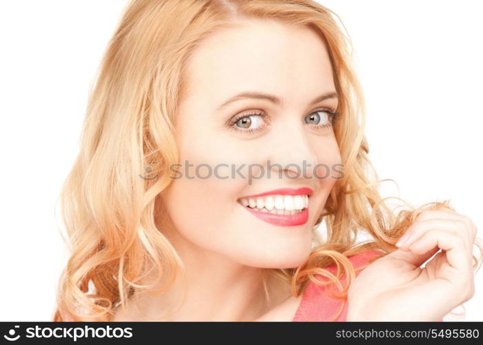 bright closeup portrait picture of happy woman